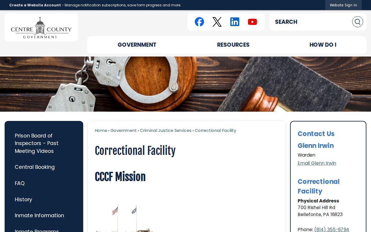 Centre County Correctional Facility custody resources page