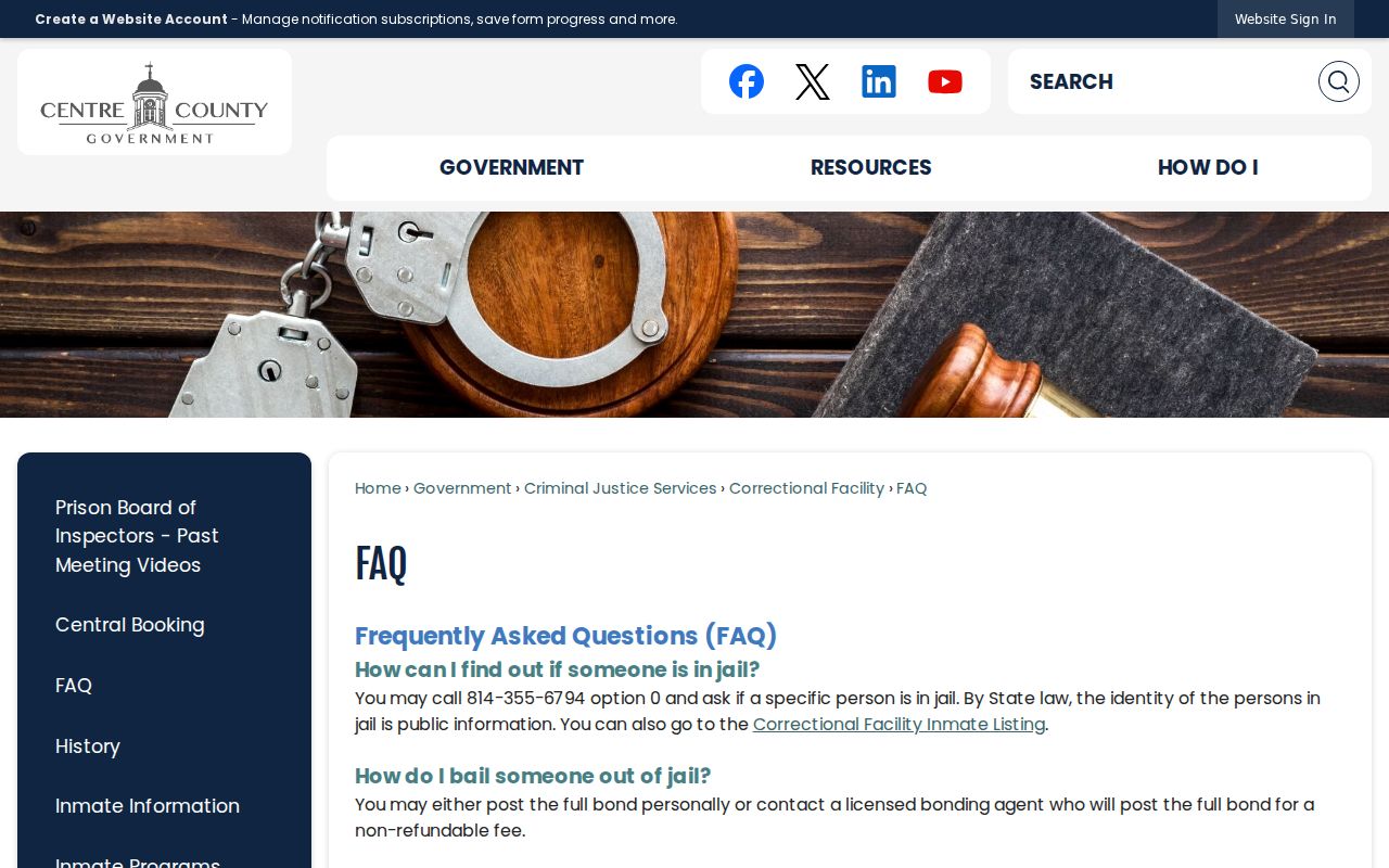Centre County jail FAQ for inmate custody and bail questions