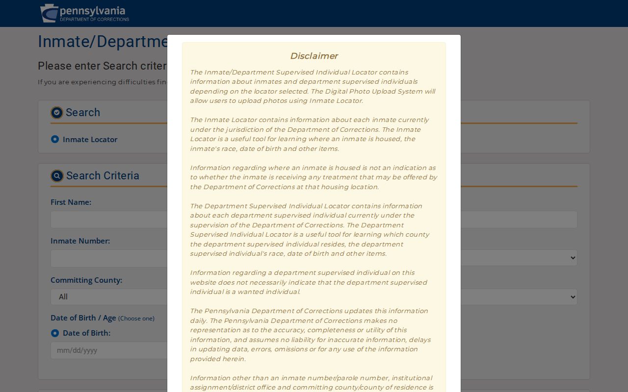 Pennsylvania DOC Inmate and Parolee Locator search page