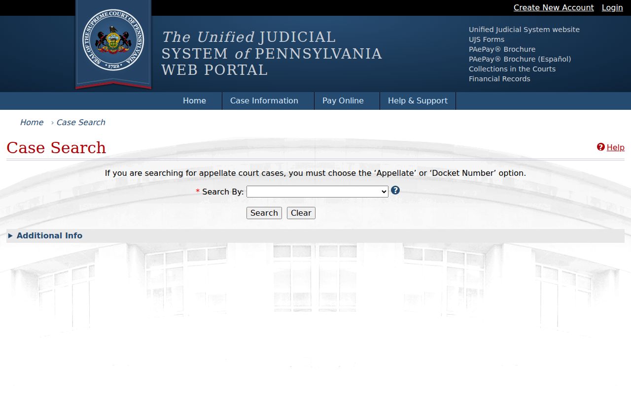 Pennsylvania UJS Case Search portal for Centre County court cases