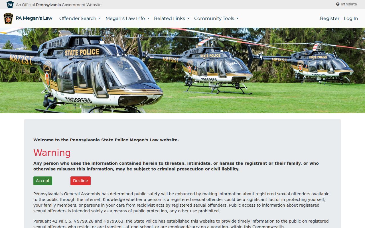 Pennsylvania State Police Megan's Law Website search entry for a Centre County sex offender check