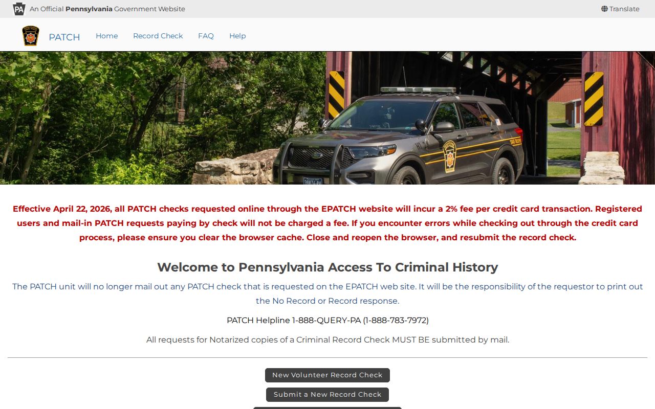 Centre County criminal history PATCH request interface