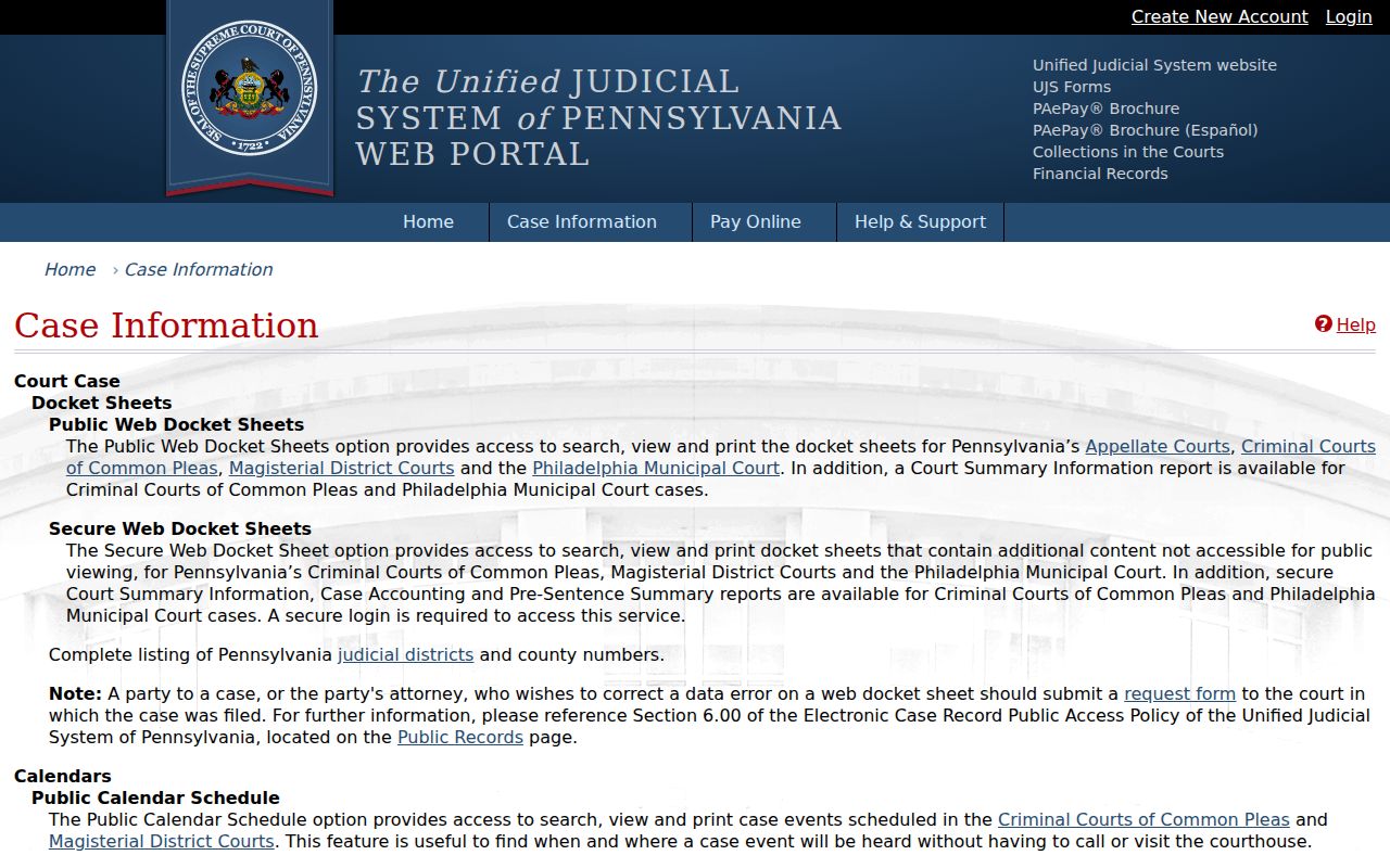 Pennsylvania UJS case information search portal