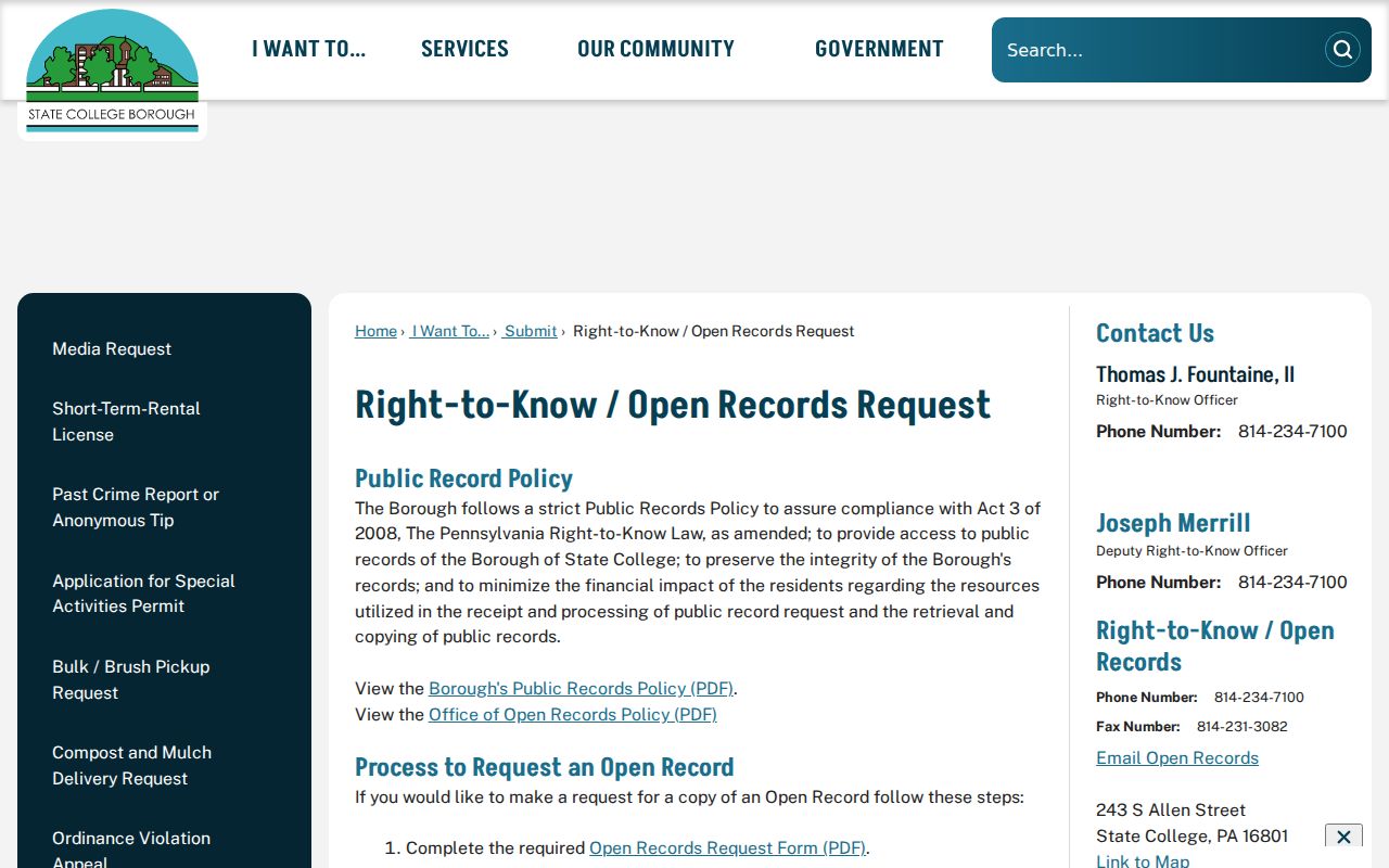 State College Right-to-Know open records request page