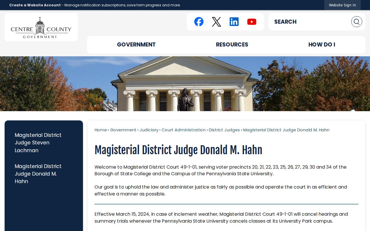 Official page for a State College magisterial district court